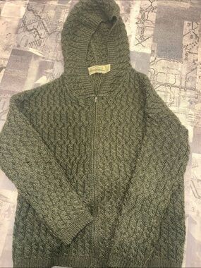 Aran Crafts Olive Green Hooded Cable Zip Sweater PLEASE READ ENTIRE DESCRIPTION
